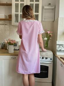 SHEIN 浪漫格子印花拼接蕾丝蝴蝶结松紧腰睡裙 - 粉色 - 查看 2