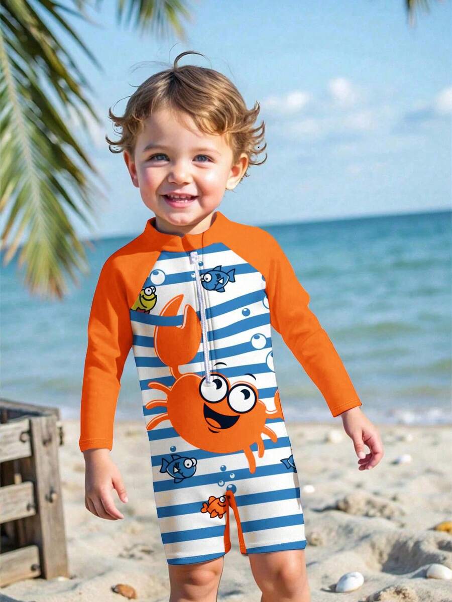 SHEIN Young Boy Casual Slim Fit Round Neck Long Sleeve One-Piece Swimsuit, Suitable For Summer - Multicolor - View 1