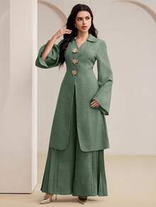 Veilorie Conjunto de 2 piezas de top elegante largo y pantalones de pierna ancha para mujer - Verde - Ver 3