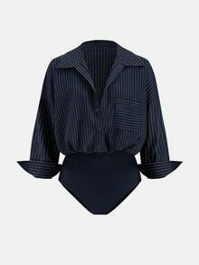 MYSTAURA Plus Size Women Striped Lapel Single-Breasted Casual Bodysuit, Versatile For Commuting And Outings, Long Sleeve - Navy Blue - View 1