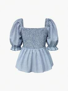 Selianne Women's Striped Tie Design Pleated Floral Hollow Out Pattern Fashionable Versatile Blouse - Blue - View 2