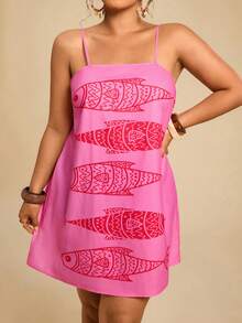 Travachic 大码春夏度假装，无袖印花梭织迷你连衣裙，波西米亚风沙滩装，女士春夏时尚度假热带风情，多种丑鱼印花，休闲舒适早午餐装，海洋印花，夏季阳光连衣裙，母亲节礼物，母女装。复古沙丁鱼印花，波西米亚风服饰 - 玫紅色 - 查看 1