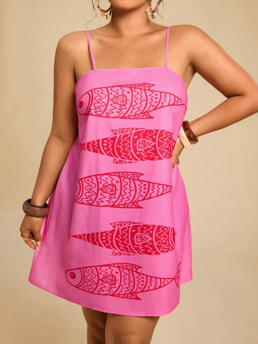 Travachic 大码春夏度假装，无袖印花梭织迷你连衣裙，波西米亚风沙滩装，女士春夏时尚度假热带风情，多种丑鱼印花，休闲舒适早午餐装，海洋印花，夏季阳光连衣裙，母亲节礼物，母女装。复古沙丁鱼印花，波西米亚风服饰 - 玫紅色 - 查看 1