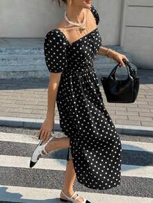EMERY ROSE Women's Spring And Summer Knitted Dot Linen-Mix One-Shoulder Ruffled Bow Bubble Sleeve A-Line Tea Dress, Black And White Polka Dot Elegant Style - Black - View 6