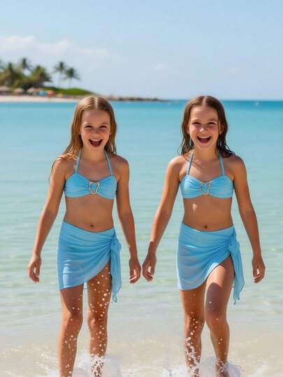 SHEIN Tween Girls Bikini Sets Fashionable Blue + Mesh Knitted Fabric Strapless Top, Shoulder Strap + Mesh Skirt, Three-Piece Set, Separate Strapless Shoulder Strap Metal + Triangle Pants + Mesh Skirt, Fashionable, Casual, Exquisite, Elegant And Ladylike, Suitable For Swimming, Suitable For Summer Vacation, Summer Beach, Seaside Pool, Swimming Pool, Summer Party, Leisure Vacation Three Piece Swimsuit Set Blue Bikini Set Blue Two Piece Set Blue Swimsuit For Tween Girls Beachwear For Tweens Two Piece Set 3pcs Set Bikini With Sarong Skirt Tied Waist