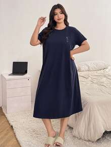 Dazy Plus 纯色休闲字母印花图案圆领直筒T恤睡衣 - 藏蓝色 - 查看 4