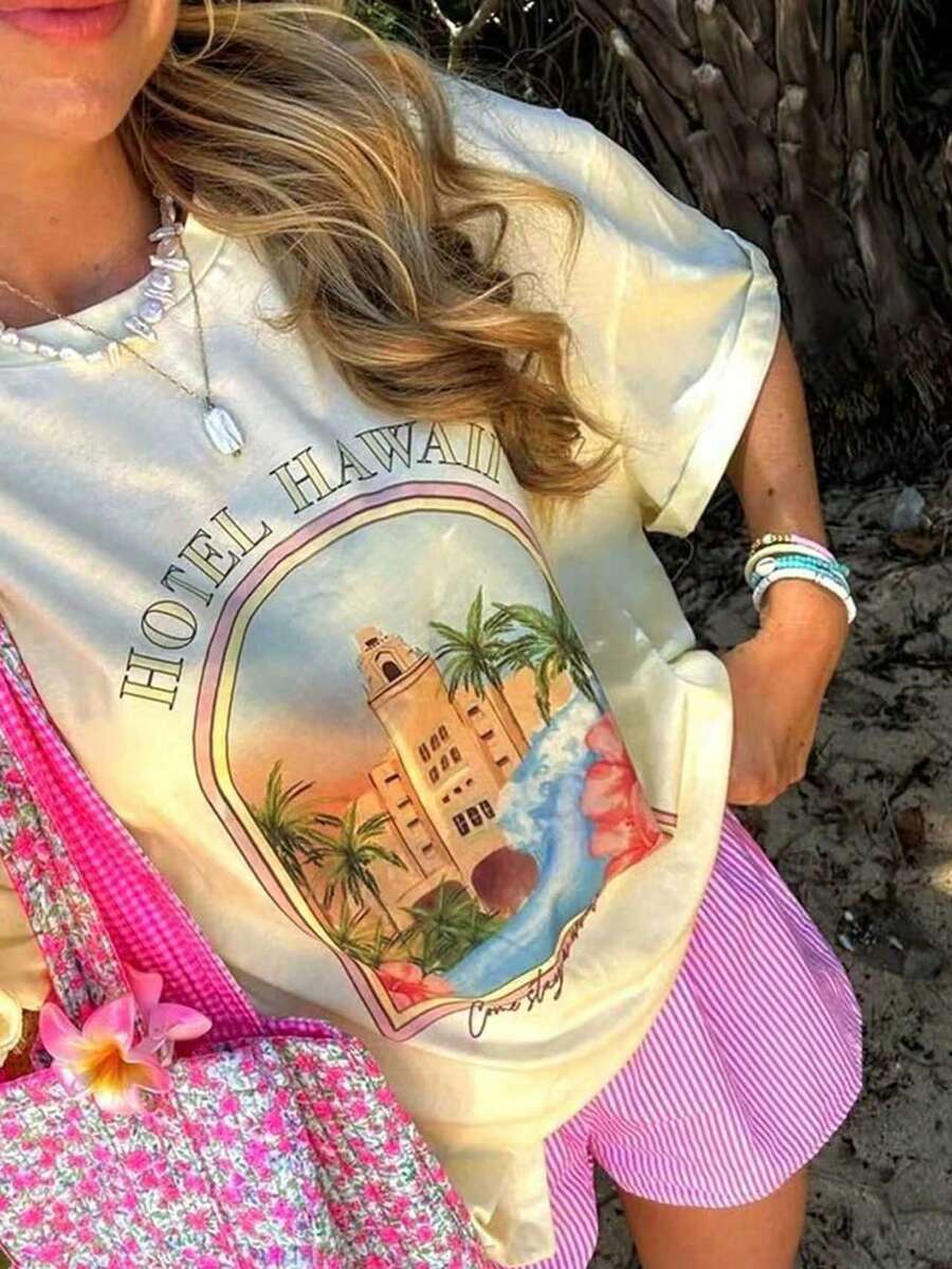 EMERY ROSE White Ink Print Oversized Round Neck Short Sleeve T-Shirt - Multicolor - View 1
