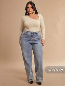 SHEIN BAE Plus Size Women Solid Color Long Sleeve Asymmetric Collar Bodysuit - Apricot - View 4