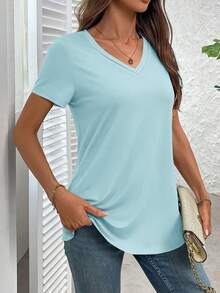 EMERY ROSE Women's Casual Solid Color V-Neck Loose Short Sleeve T-Shirt, Summer - Baby Blue - View 6