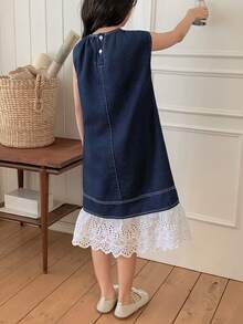 DAZY 少女夏季休闲度假撞色荷叶边下摆无袖牛仔连衣裙 - 藍色 - 查看 5