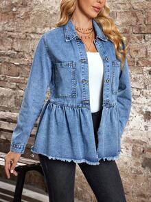 EMERY ROSE Women's Turndown Collar Single-Breasted Ruffle Hem Fashionable Versatile Daily Wear Long Sleeve Denim Jacket - Blue - View 7