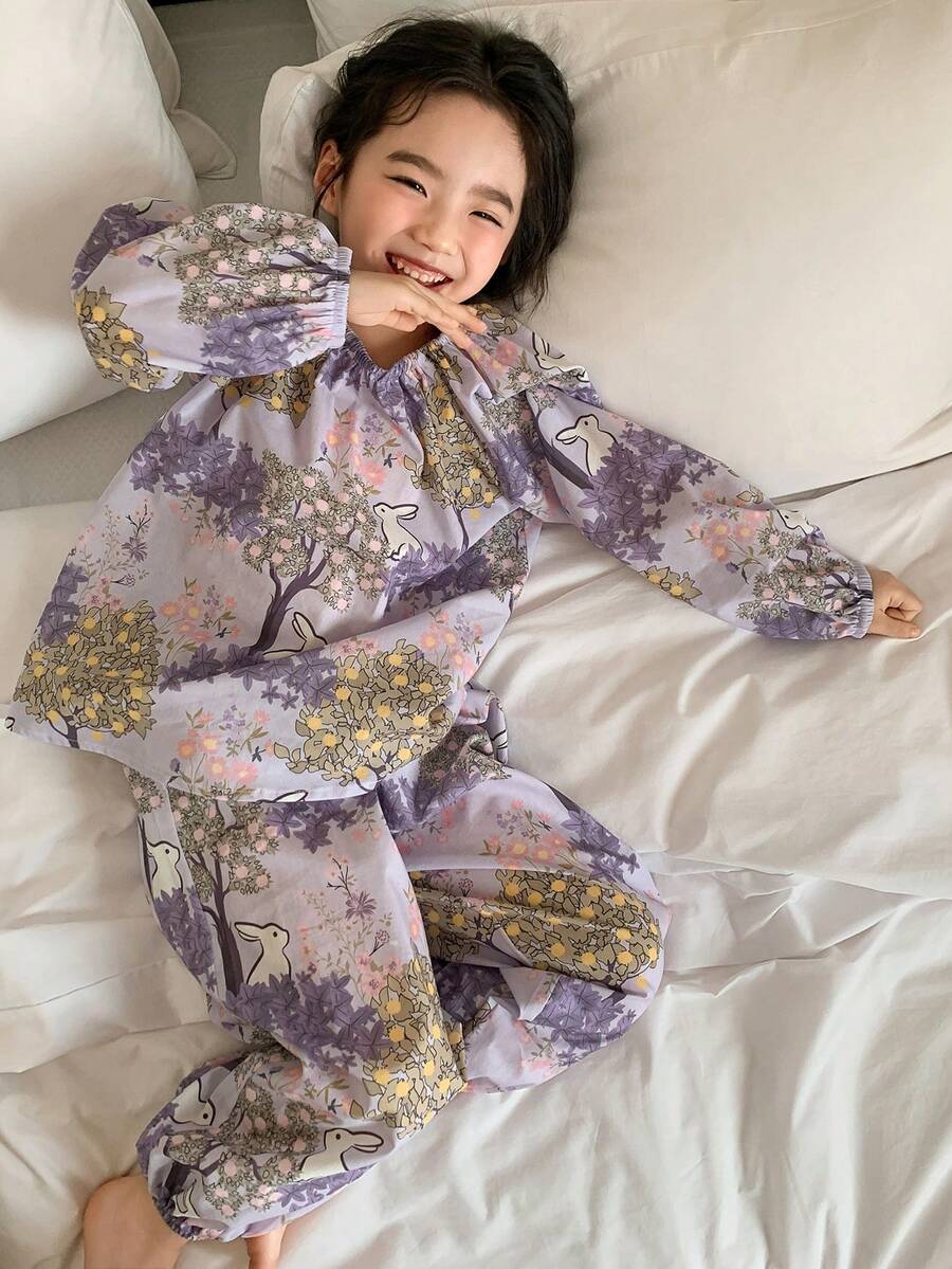 DAZY Young Girl Round Neck Ruffle Rabbit & Floral Print Lantern Sleeve Top And Wide Leg Drawstring Pants Casual Loungewear Pajama Set Spring - Purple - View 1