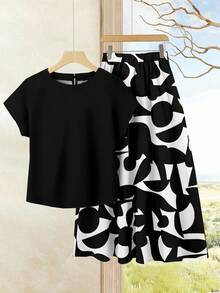 Rusticease 女士度假休闲纯色上衣+黑白几何印花图案半身裙套装（2件套），女士夏季服装，夏季半身裙套装，半身裙套装，女士半身裙套装，印花半身裙套装 - 彩色 - 查看 6