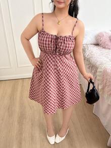 Comfortcana Đầm kẻ caro xanh và nâu kiểu retro dáng rộng, cỡ lớn - Đỏ - Xem 6