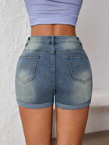 SHEIN ICON 女士夏季时尚做旧牛仔短裤，带斜插口袋和卷边裤脚 - 中等水洗藍 - 查看 2