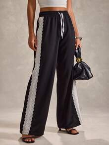 EURMUSE Women Solid Color Side Contrast Detailed Wide Leg Sweatpants - Black - View 5