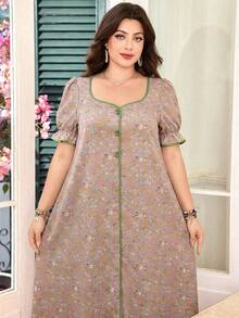 SHEIN Lacomfia 大码女式方领泡泡袖宽松舒适浪漫碎花连衣裙 - 彩色 - 查看 7