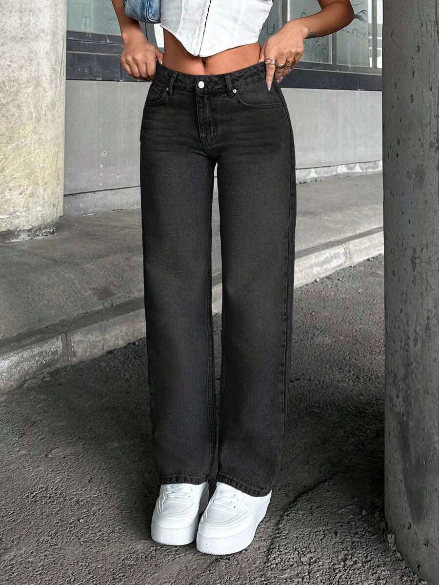 SHEIN PETITE 100%纯棉女式低腰直筒蓝色牛仔裤 - 黑色 - 查看 1