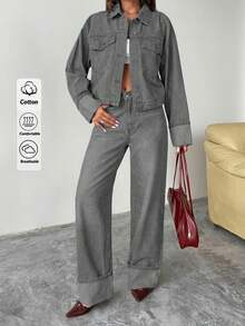 EURMUSE Dark Washed Denim Cropped Jacket And Straight Fit Jean Set - Light Grey - View 1