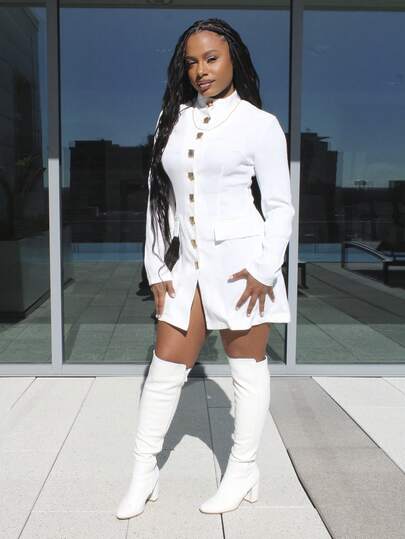 Steph T 女士优雅简约精致正式日常通勤时尚都市时尚中式立领金属扣腰部喇叭下摆长袖白色夹克，秋冬