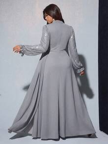 Viva Relle 大码女士优雅亮片装饰长袖收腰连衣裙，适合宴会、派对、婚礼宾客、新年、圣诞节等场合。 - 灰色 - 查看 2