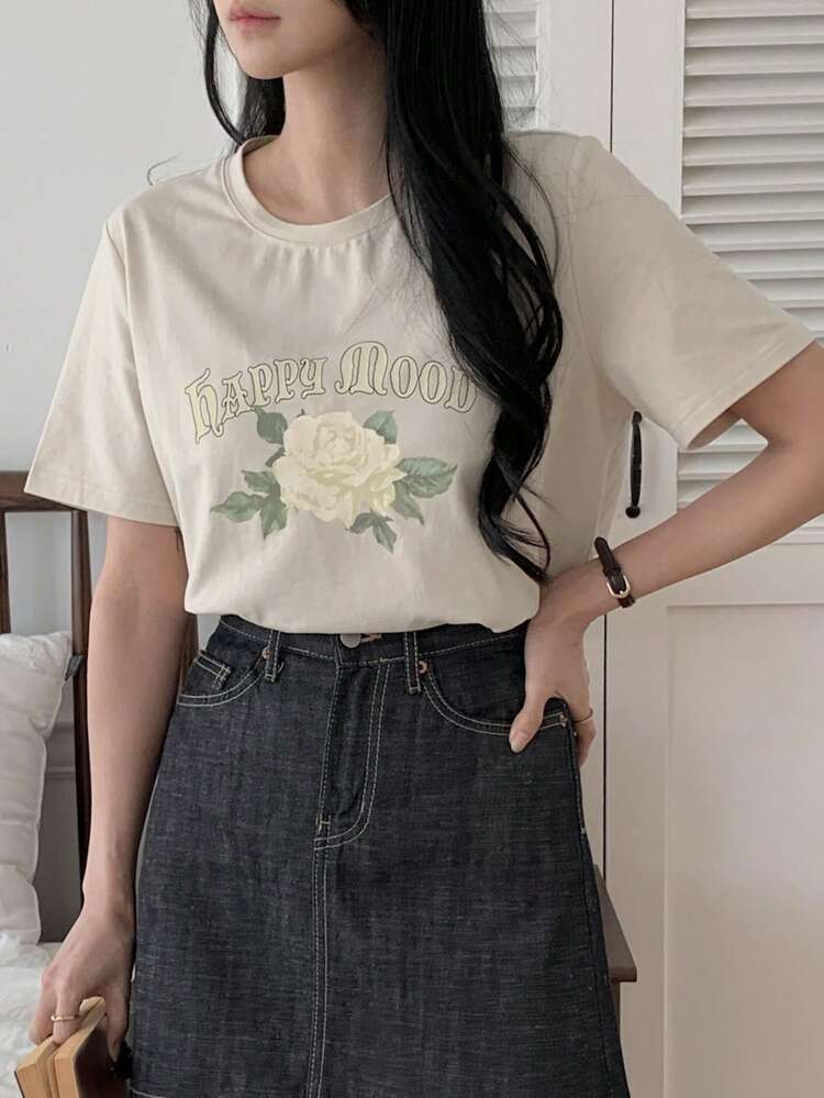 Spring & Summer Striped, Floral Print, Loose Fit, Business Casual Office Wear Women T-Shirt Graphic Tees Women