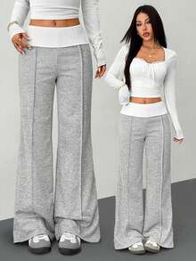 SHEIN PETITE Trang phục mùa hè và phong cách đường phố mùa hè dành cho nữ, đi chơi, thường ngày, đi học, phong cách vintage, quần dài trắng ống loe màu xám Pháp, kiểu dáng Y2K, quần áo Y2K, trang phục nghỉ hè. - Xám - Xem 2