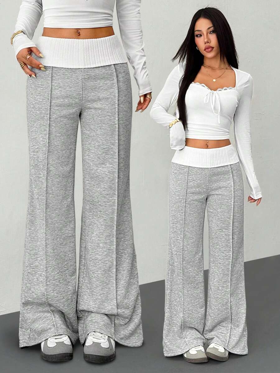 SHEIN PETITE Trang phục mùa hè và phong cách đường phố mùa hè dành cho nữ, đi chơi, thường ngày, đi học, phong cách vintage, quần dài trắng ống loe màu xám Pháp, kiểu dáng Y2K, quần áo Y2K, trang phục nghỉ hè.