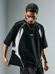ROMWE MEN Essentials Spring/Summer Casual Graphic Men'S Round Neck Raglan Sleeve Summer Fashion Patchwork Contrast Color Casual T-Shirt - Black - View 3