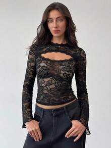 Aloruh Women's Lace Bell Sleeve Hollow Sexy Blouse - Black - View 10
