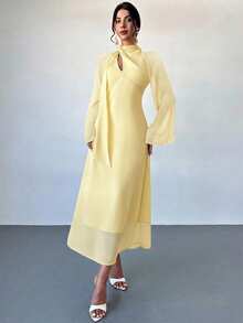 Firerie Vestido elegante para mujer de vacaciones y uso diario casual, manga larga asimétrica, cuello con lazo, cintura calada, corte ajustado y acampanado, amarillo pálido, verano, invitada de boda - amarillo ganso - Ver 5