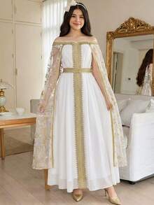 SHEIN Elegant Floral Embroidered Mesh Splice Off-Shoulder Cinched Waist White Long Robe,Summer Bridal Wedding Al-Adha Country Arabic Abaya Dress,Kids - White - View 3