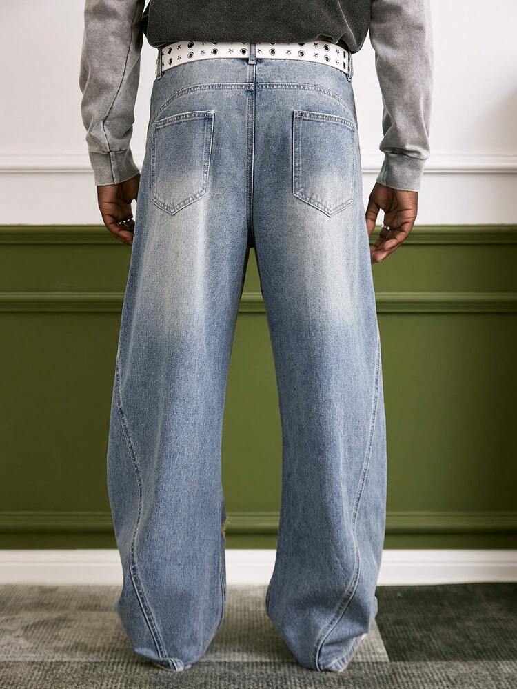 GALLERY FADE Men's Casual Street Style Embroidered Flared Leg Blue Jeans - Medium Wash - View 2