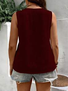 Breezaya Áo sơ mi mùa hè cỡ lớn, màu trơn, cài cúc phía trước, chất liệu có họa tiết. - Màu Đỏ Sâu - Xem 2