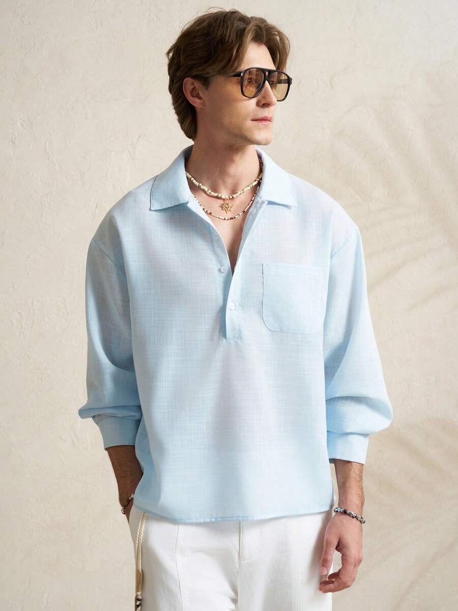 Airaco Casual Commuter V-Neck Button Long Sleeve Shirt With Raglan Sleeves - Blue - View 1