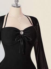 SHEIN ICON Gaun Pesta Malam Musim Gugur Hitam Ukuran Plus Wanita, Model Retro Slim Fit dengan Lengan Mengembang dari Jala, Leher Halter, Bagian Dada Berlubang dengan Tali Serut, Cocok untuk Hari Valentine. - Hitam - View 5