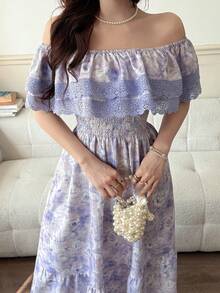 Feyla Women's Floral Print Contrast Lace Ruffle One-Shoulder Elegant Mid-Length Dress - Multicolor - View 4