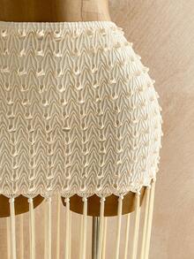 Soleia 女士春夏度假休闲米色串珠吊带上衣和流苏紧身裙两件套，适合海滩、邮轮等场合。 - 杏色 - 查看 4