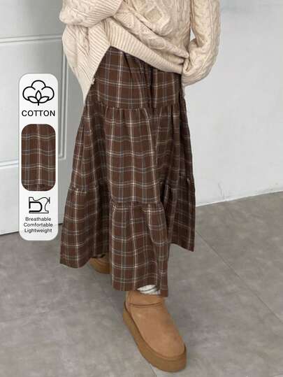 DAZY 复古格子松紧腰拼接蛋糕裙，女士中长格子裙