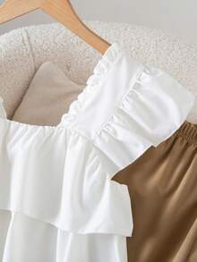 Tween Girl Colorblock Frill Trim Short Cap Sleeve T-Shirt And Elastic Waist Wide Leg Pants Casual Outfit - Khaki - View 7