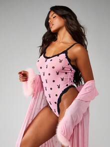 Missguided x Playboy 波点网纱连体衣，蕾丝边饰，兔子印花，适合夜晚和休闲场合穿着 - 彩色 - 查看 5