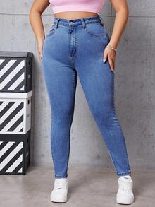 SHEIN EZwear Plus Size Plain Simple Everyday Jeans - Blue - View 5