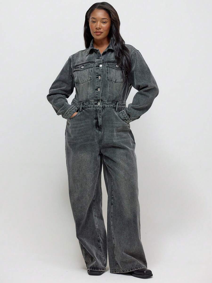 MUSERA Bộ áo liền quần ống rộng bằng vải denim mài, thích hợp cho mùa thu đông, phong cách thường ngày năng động, cá tính, đường phố, chưa qua chỉnh sửa. - màu đen - Xem 1