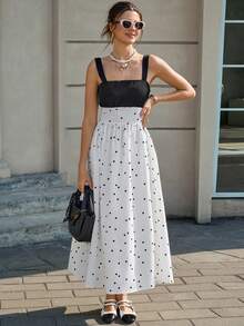 SuriyaCove Women's Summer New French Retro Polka Dot A-Line Waist Flare Dress - Black and White - View 4