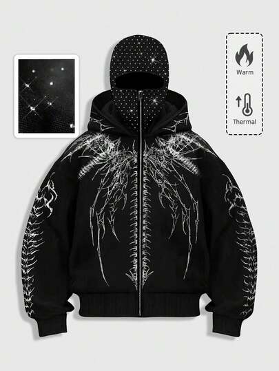 Goth Sweat-shirt à capuche style sombre avec fermeture éclair et ornements de strass, veste pour homme, automne hiver