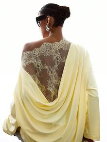 LYSMO Women's Spring/Summer Oblique Shoulder Lace Patchwork Sheer Back Loose Fit Long Sleeve T-Shirt - Pale Yellow - View 1