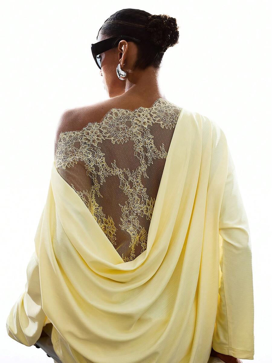 LYSMO Women's Spring/Summer Oblique Shoulder Lace Patchwork Sheer Back Loose Fit Long Sleeve T-Shirt - Pale Yellow - View 1