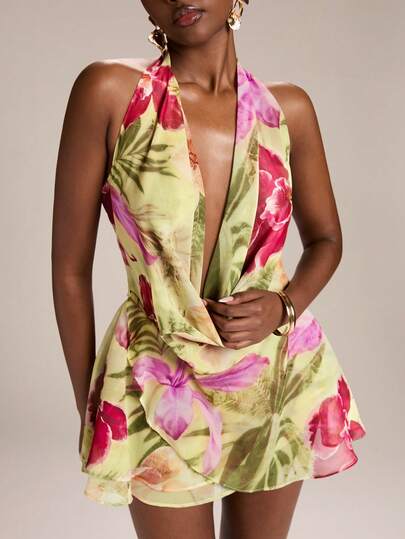 SHEIN BAE Women's Yellow Base Tropical Floral Print Halter Tie Back A-Line Mini Dress, Spring/Summer