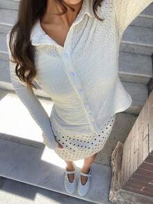 MainGRL Women's Casual Solid Color Textured Front Button Long Sleeves T-Shirt, Going Out Tops For Women,Work - White - View 5