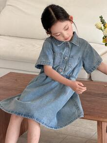 DAZY Young Girl' Denim Collared Short Sleeve Dress - Blue - View 7